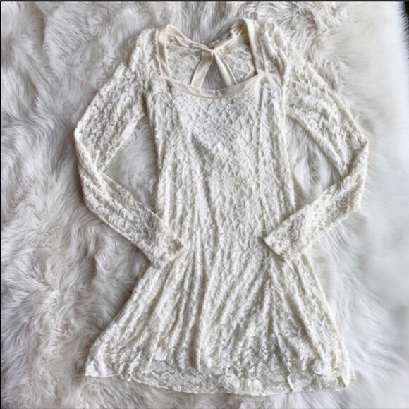 FP FREE PEOPLE Cream White Flirt For You Lace Sheer Long sleeve Mini Dress Small - Picture 7 of 8